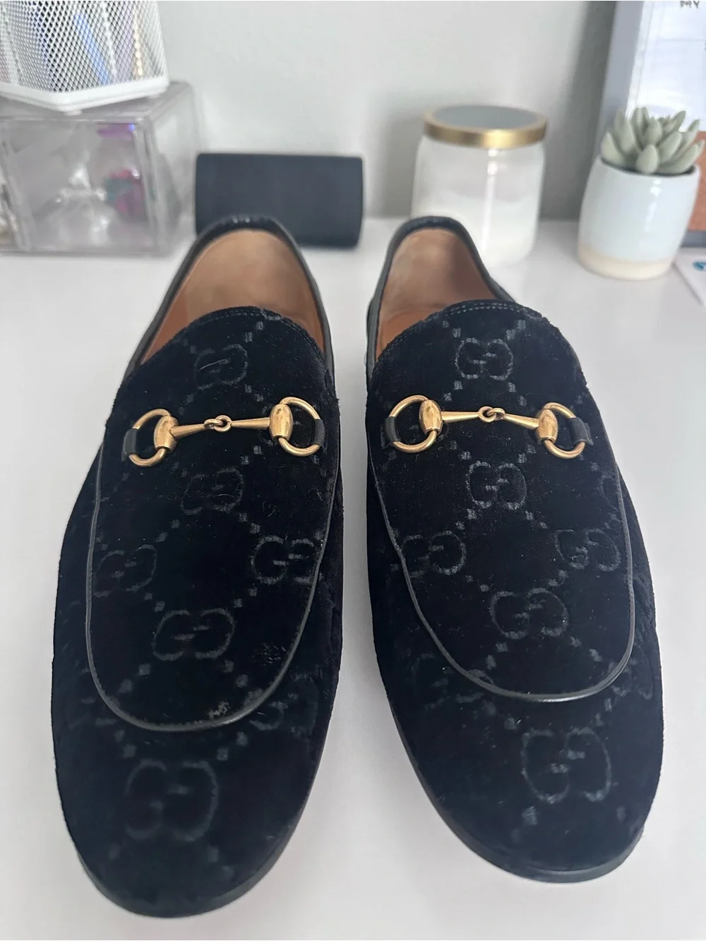 Gucci Black Velvet Horsebit Loafers with GG Monogram